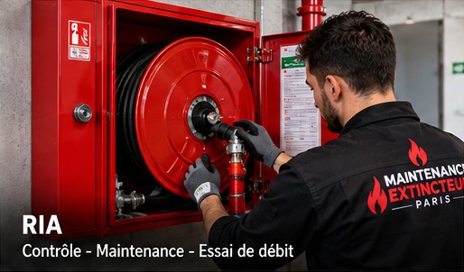 Technicien effectuant un essai de débit sur un robinet d'incendie armé (RIA) à Paris