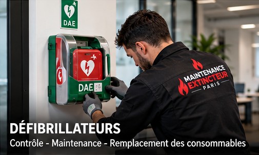 Technicien contrôlant un défibrillateur DAE et remplaçant les consommables à Paris