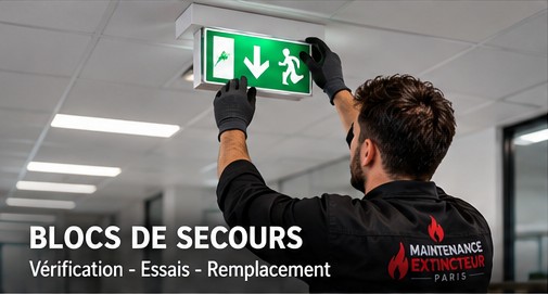 Technicien remplaçant un bloc autonome d'éclairage de sécurité (BAES) à Paris